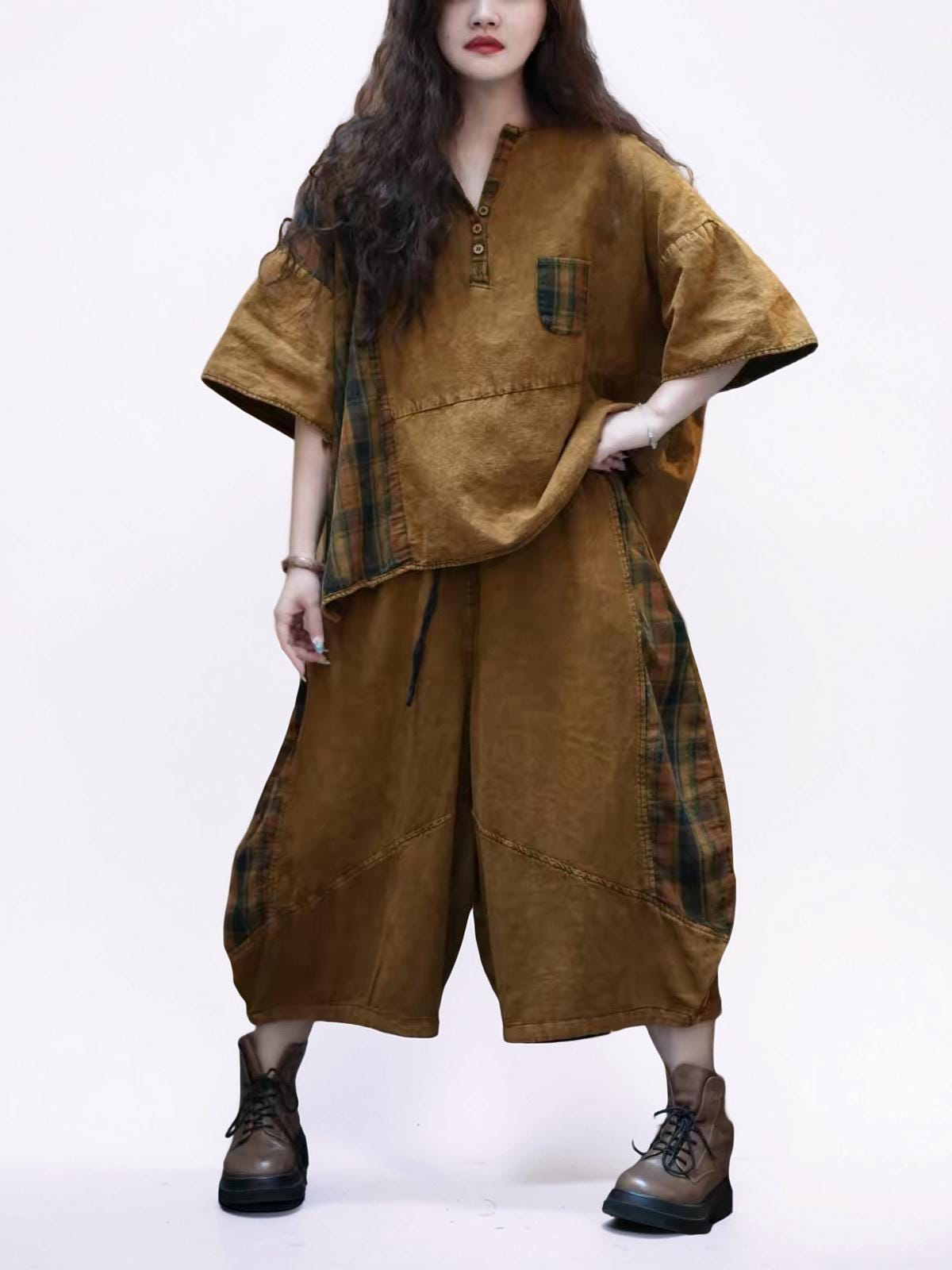 Washed Cotton Linen Patchwork Two-Piece Set, Oversized Top & Balloon Pants, Boho Artsy Outfit