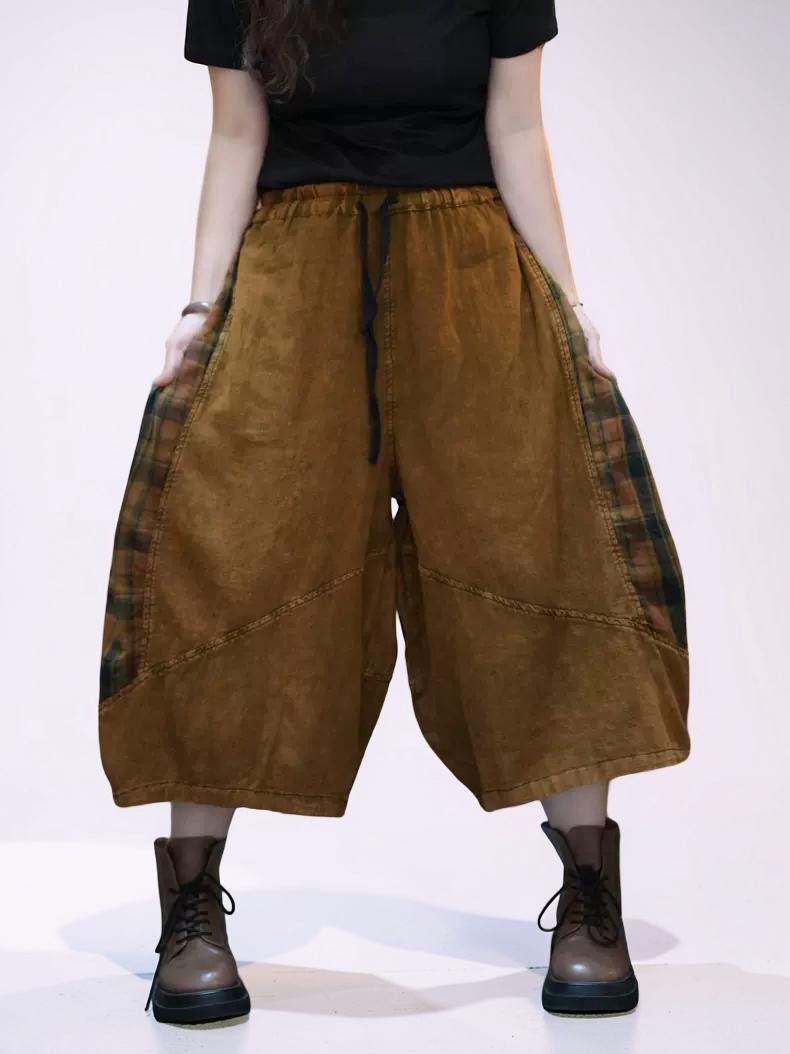 Washed Cotton Linen Patchwork Two-Piece Set, Oversized Top & Balloon Pants, Boho Artsy Outfit