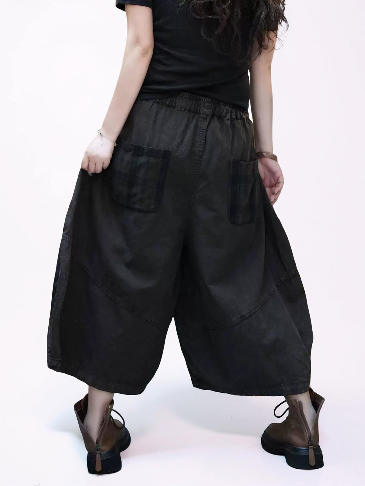 Washed Cotton Linen Patchwork Two-Piece Set, Oversized Top & Balloon Pants, Boho Artsy Outfit