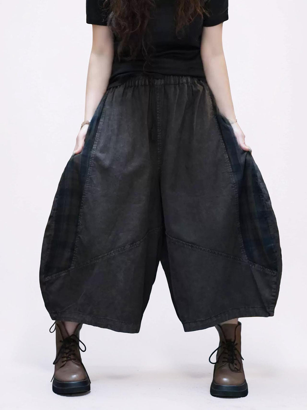 Washed Cotton Linen Patchwork Two-Piece Set, Oversized Top & Balloon Pants, Boho Artsy Outfit