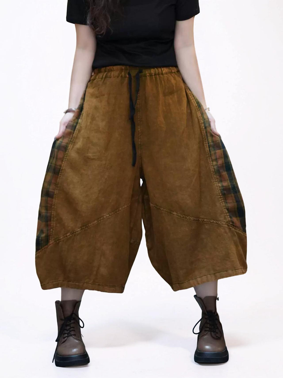 Washed Cotton Linen Patchwork Two-Piece Set, Oversized Top & Balloon Pants, Boho Artsy Outfit