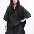 Washed Cotton Linen Patchwork Two-Piece Set, Oversized Top & Balloon Pants, Boho Artsy Outfit
