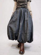 Double-Layer Denim Balloon Pants, High-Waist Wide Leg, Pleated Avant Garde (Washed Charcoal)