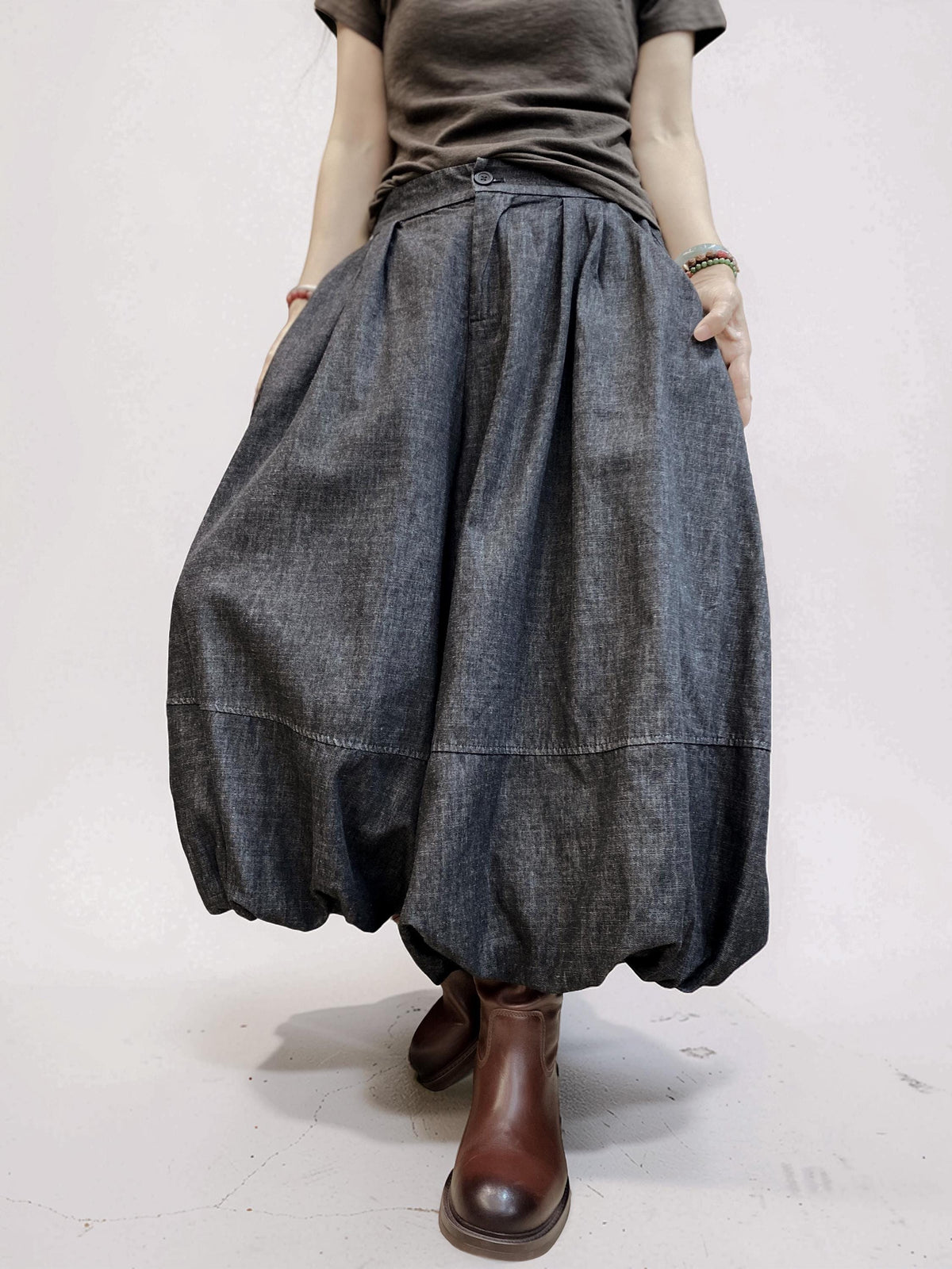 Double-Layer Denim Balloon Pants, High-Waist Wide Leg, Pleated Avant Garde (Washed Charcoal)