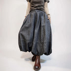 Double-Layer Denim Balloon Pants, High-Waist Wide Leg, Pleated Avant Garde (Washed Charcoal)