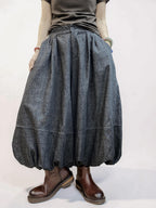 Double-Layer Denim Balloon Pants, High-Waist Wide Leg, Pleated Avant Garde (Washed Charcoal)