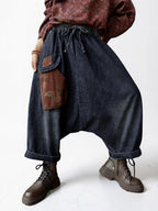 Baggy Harem Jeans: Drop Crotch Denim Pants with Patch Pocket