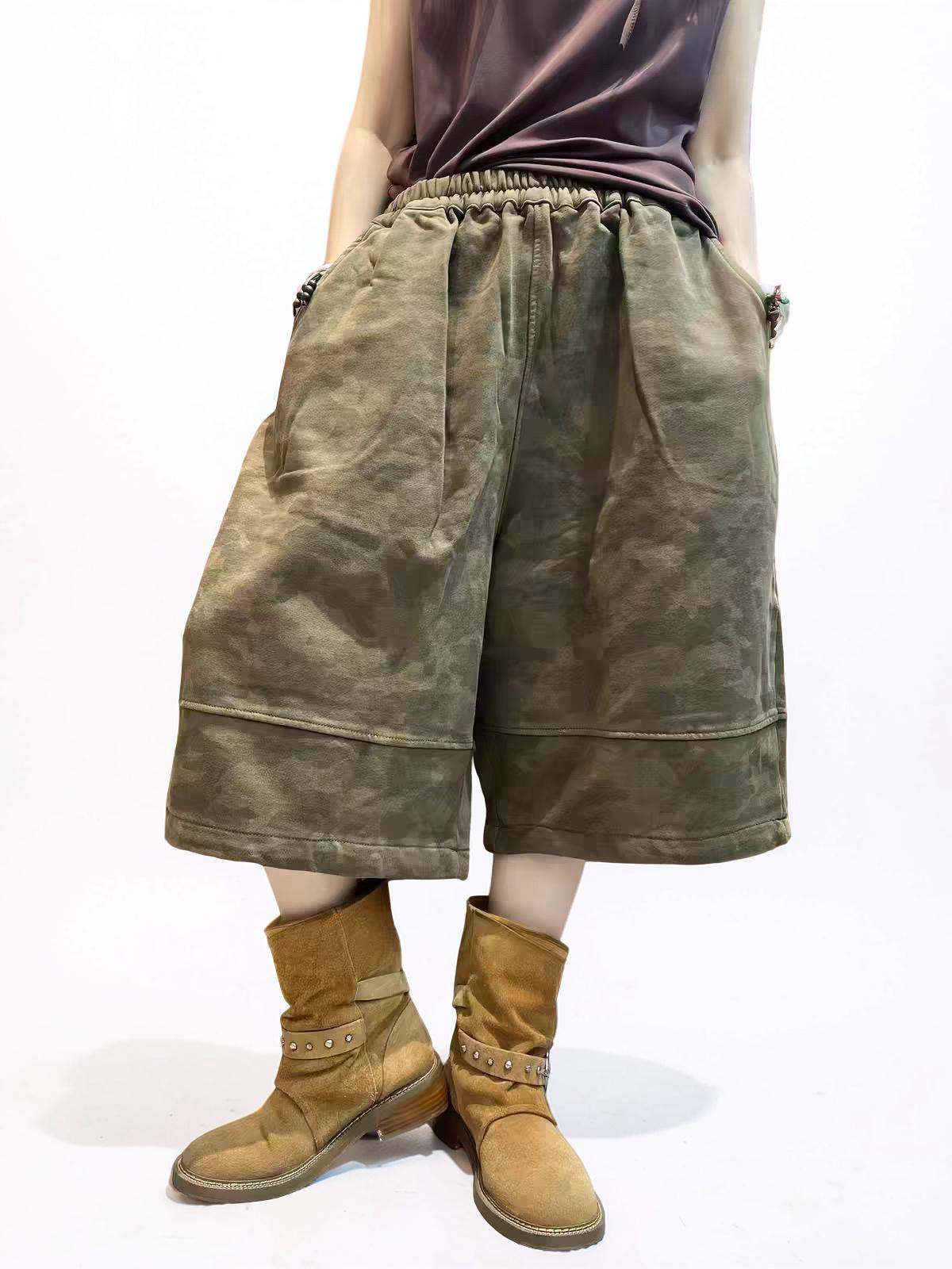 Washed Camo Wide Leg Cropped Pants, Heavyweight Textured Cotton,  Baggy Elastic Waist, Boho Streetwear
