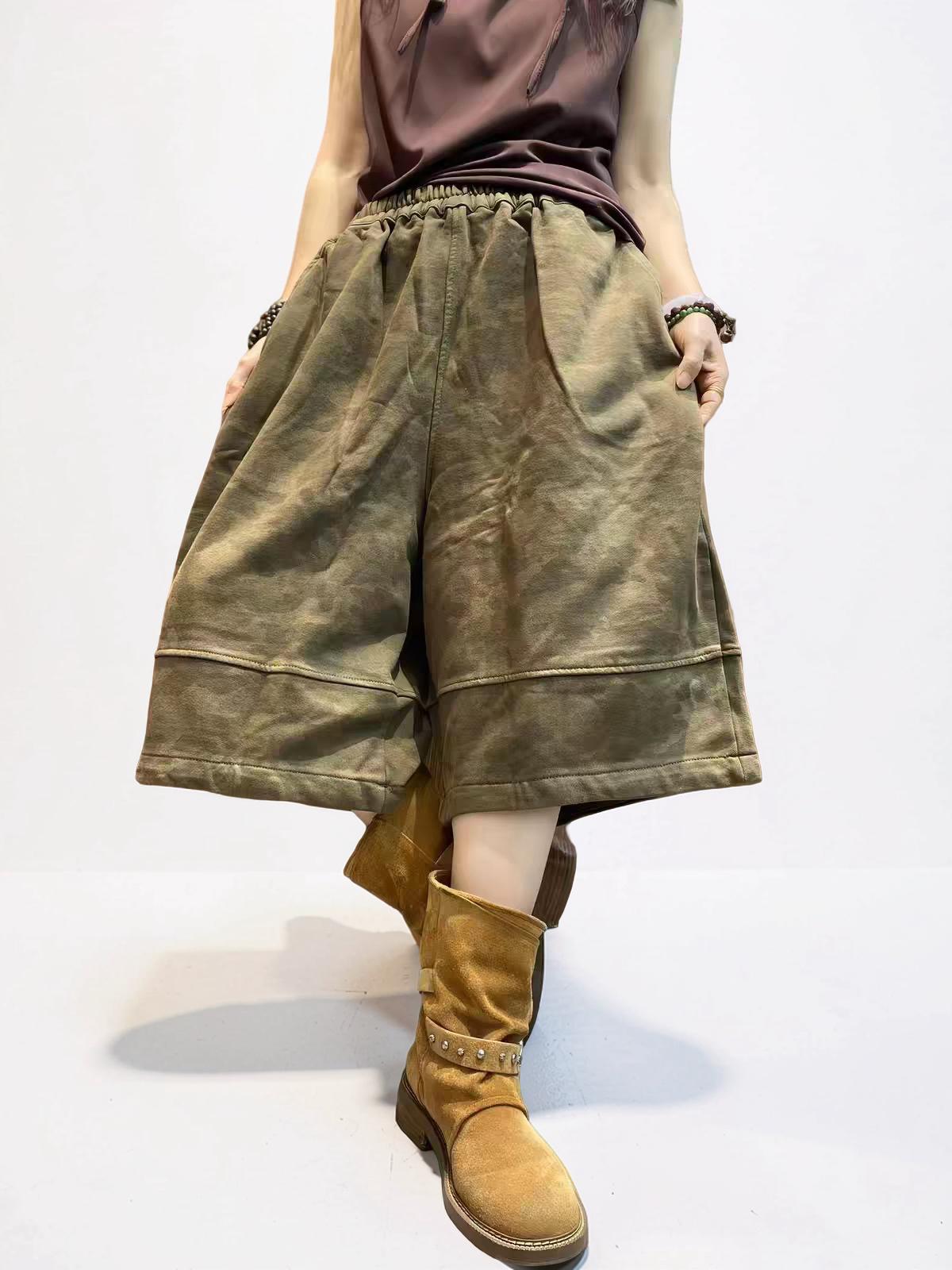 Washed Camo Wide Leg Cropped Pants, Heavyweight Textured Cotton,  Baggy Elastic Waist, Boho Streetwear