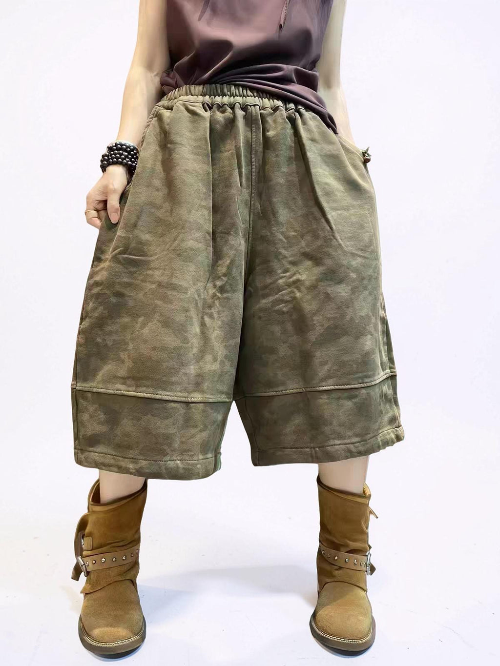 Washed Camo Wide Leg Cropped Pants, Heavyweight Textured Cotton,  Baggy Elastic Waist, Boho Streetwear