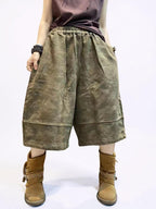 Washed Camo Wide Leg Cropped Pants, Heavyweight Textured Cotton,  Baggy Elastic Waist, Boho Streetwear