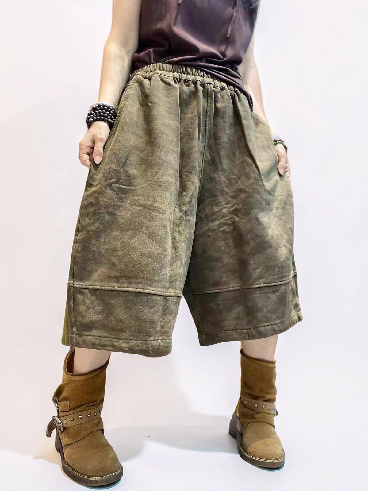 Washed Camo Wide Leg Cropped Pants, Heavyweight Textured Cotton,  Baggy Elastic Waist, Boho Streetwear