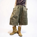 Washed Camo Wide Leg Cropped Pants, Heavyweight Textured Cotton,  Baggy Elastic Waist, Boho Streetwear