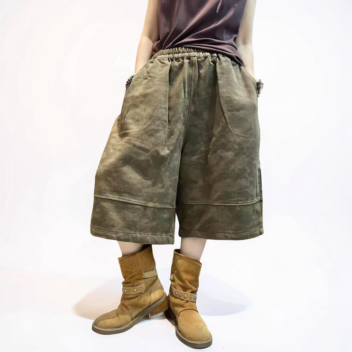 Washed Camo Wide Leg Cropped Pants, Heavyweight Textured Cotton,  Baggy Elastic Waist, Boho Streetwear
