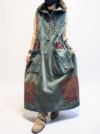 Washed Denim Patchwork Maxi Dress, Hooded Sleeveless Jean Dress, Oversized Pockets, Loose Fit