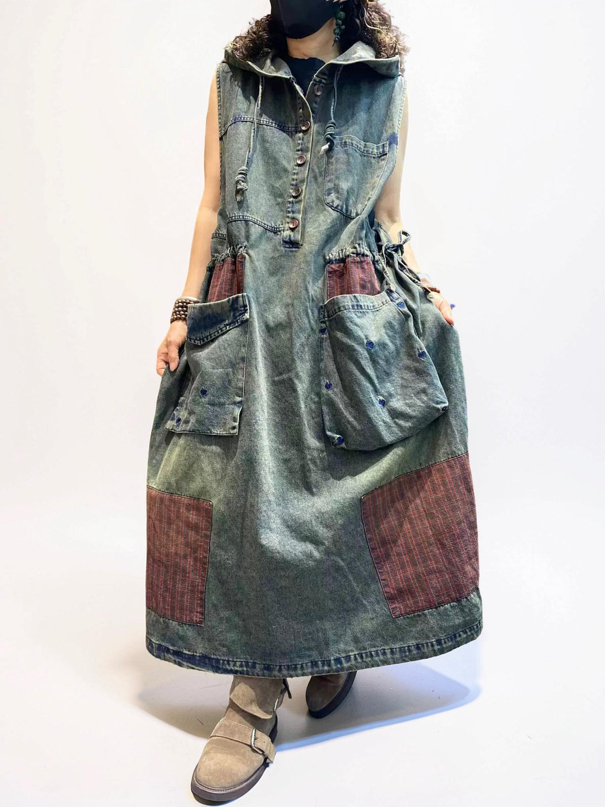 Washed Denim Patchwork Maxi Dress, Hooded Sleeveless Jean Dress, Oversized Pockets, Loose Fit