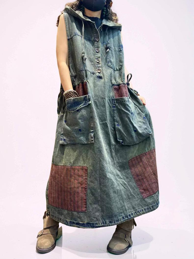 Washed Denim Patchwork Maxi Dress, Hooded Sleeveless Jean Dress, Oversized Pockets, Loose Fit