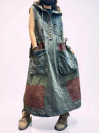 Washed Denim Patchwork Maxi Dress, Hooded Sleeveless Jean Dress, Oversized Pockets, Loose Fit
