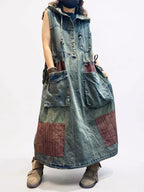 Washed Denim Patchwork Maxi Dress, Hooded Sleeveless Jean Dress, Oversized Pockets, Loose Fit