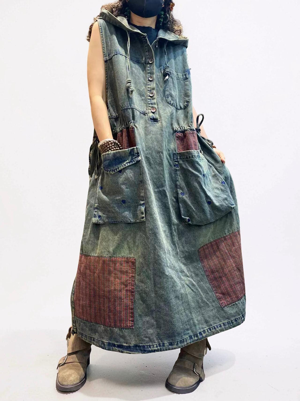 Washed Denim Patchwork Maxi Dress, Hooded Sleeveless Jean Dress, Oversized Pockets, Loose Fit