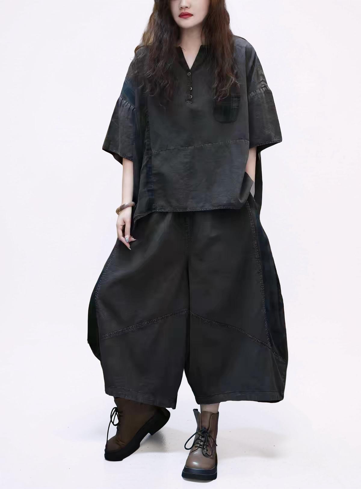Washed Cotton Linen Patchwork Two-Piece Set, Oversized Top & Balloon Pants, Boho Artsy Outfit