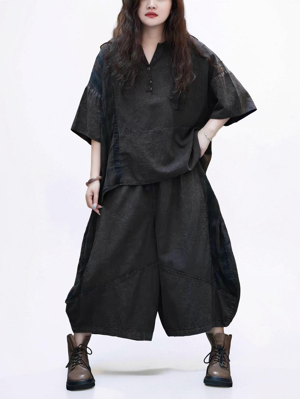 Washed Cotton Linen Patchwork Two-Piece Set, Oversized Top & Balloon Pants, Boho Artsy Outfit