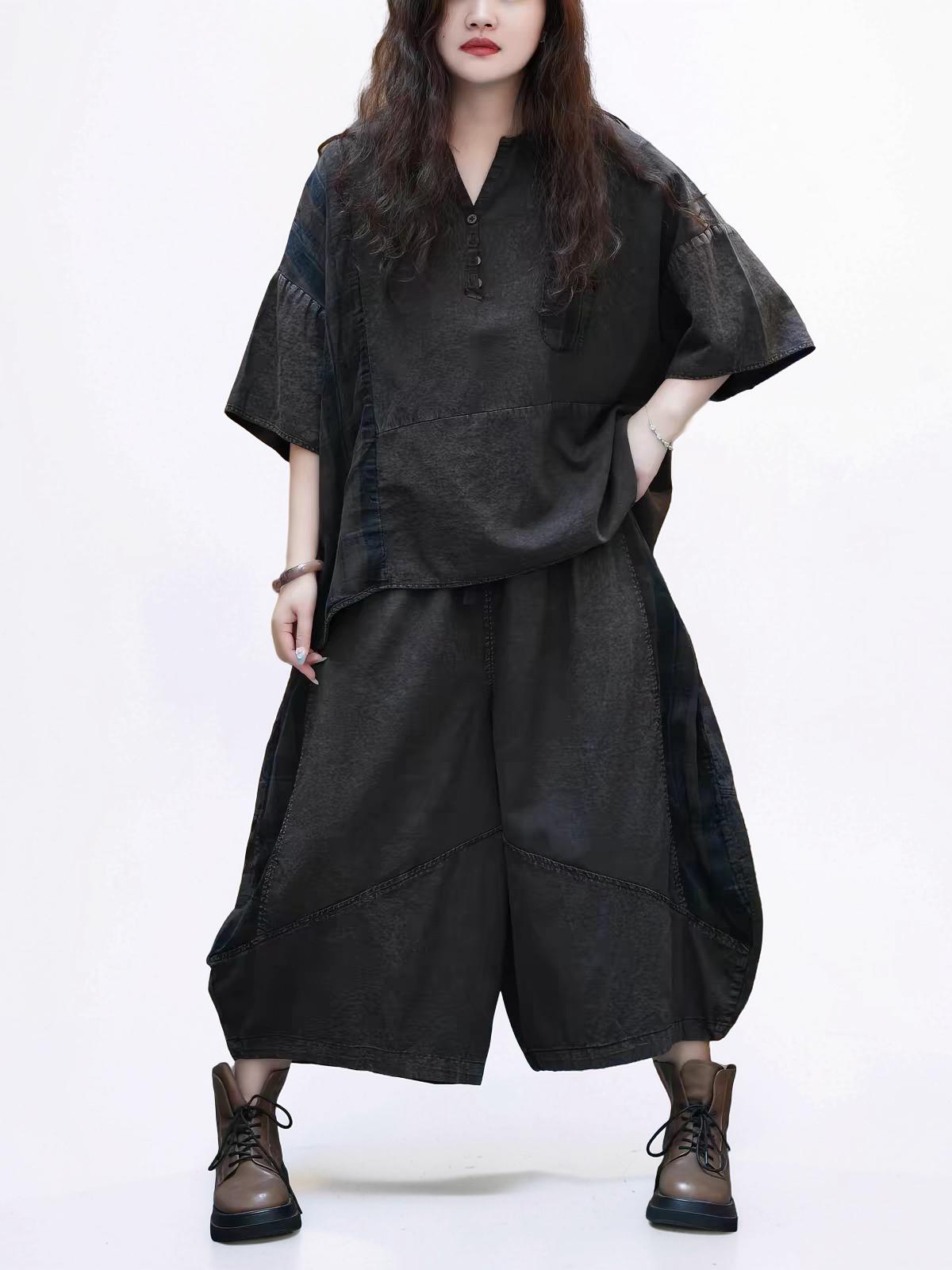 Washed Cotton Linen Patchwork Two-Piece Set, Oversized Top & Balloon Pants, Boho Artsy Outfit