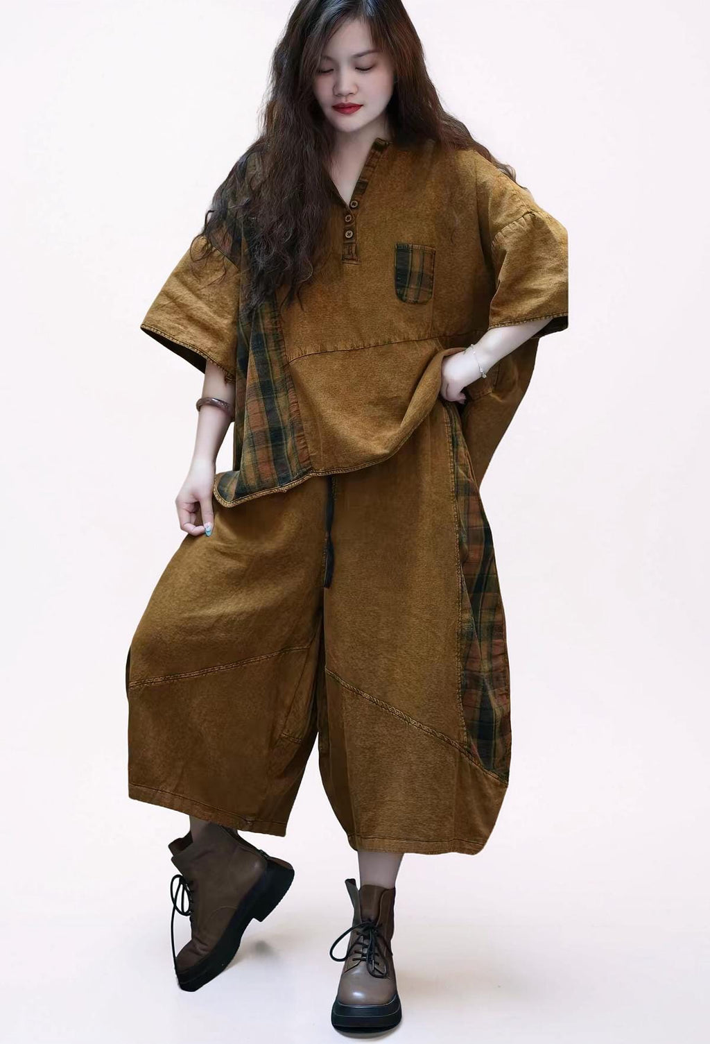 Washed Cotton Linen Patchwork Two-Piece Set, Oversized Top & Balloon Pants, Boho Artsy Outfit
