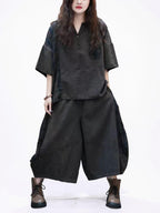 Washed Cotton Linen Patchwork Two-Piece Set, Oversized Top & Balloon Pants, Boho Artsy Outfit