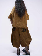 Washed Cotton Linen Patchwork Two-Piece Set, Oversized Top & Balloon Pants, Boho Artsy Outfit