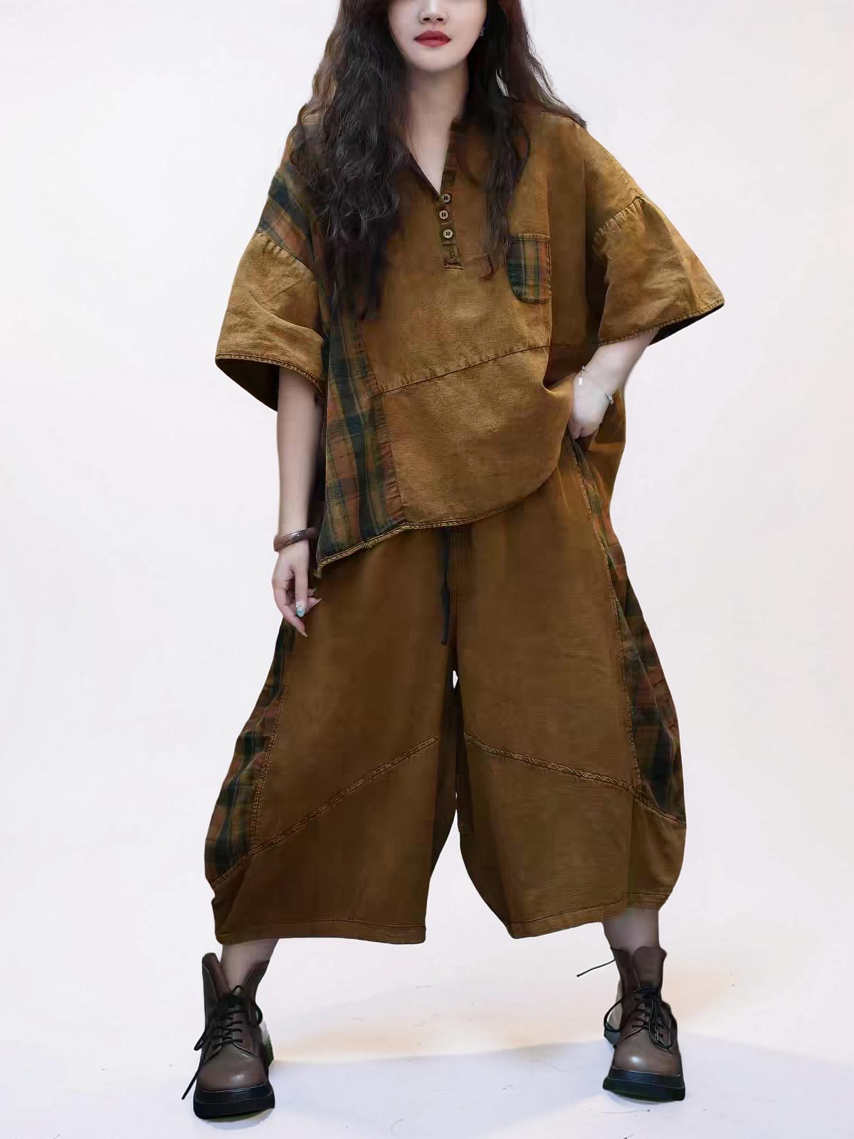 Washed Cotton Linen Patchwork Two-Piece Set, Oversized Top & Balloon Pants, Boho Artsy Outfit