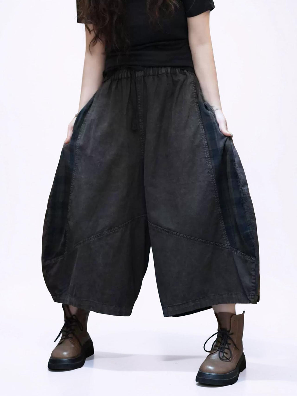 Washed Cotton Linen Patchwork Two-Piece Set, Oversized Top & Balloon Pants, Boho Artsy Outfit