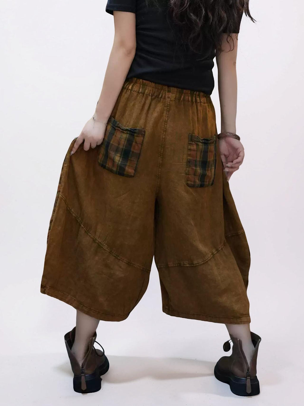Washed Cotton Linen Patchwork Two-Piece Set, Oversized Top & Balloon Pants, Boho Artsy Outfit