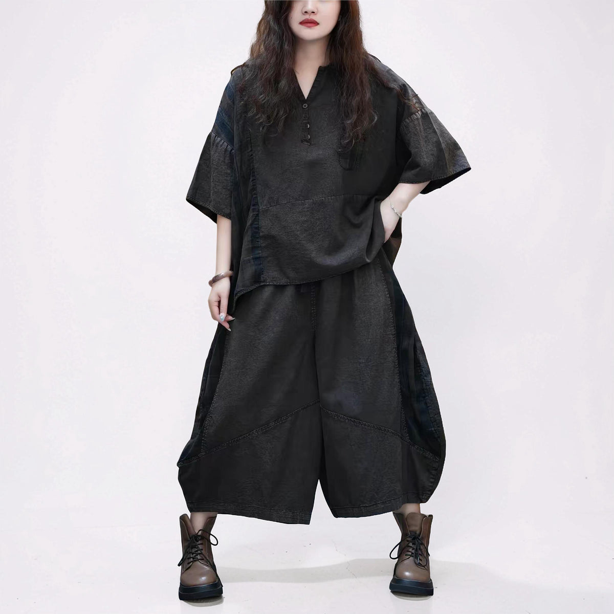 Washed Cotton Linen Patchwork Two-Piece Set, Oversized Top & Balloon Pants, Boho Artsy Outfit