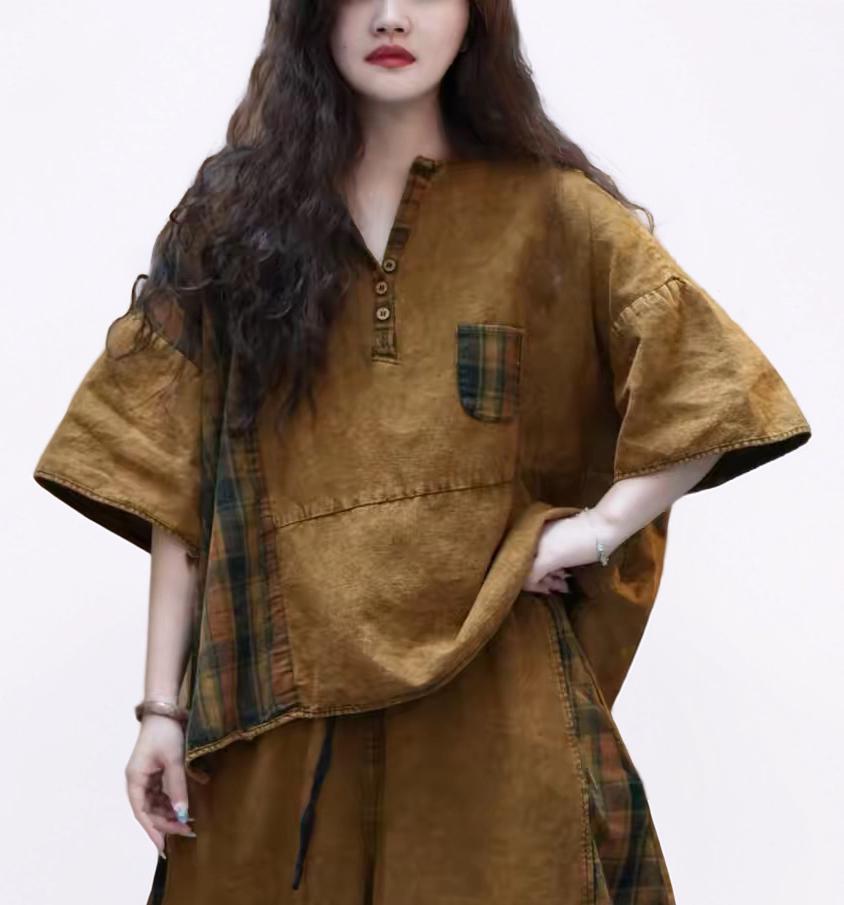 Washed Cotton Linen Patchwork Two-Piece Set, Oversized Top & Balloon Pants, Boho Artsy Outfit
