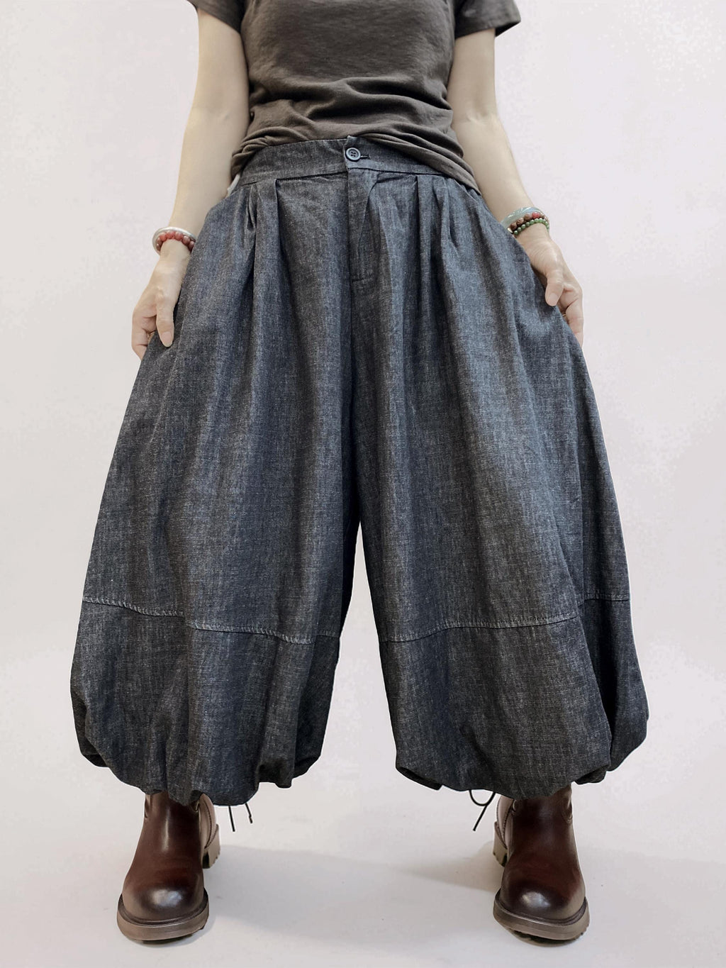 Double-Layer Denim Balloon Pants, High-Waist Wide Leg, Pleated Avant Garde (Washed Charcoal)