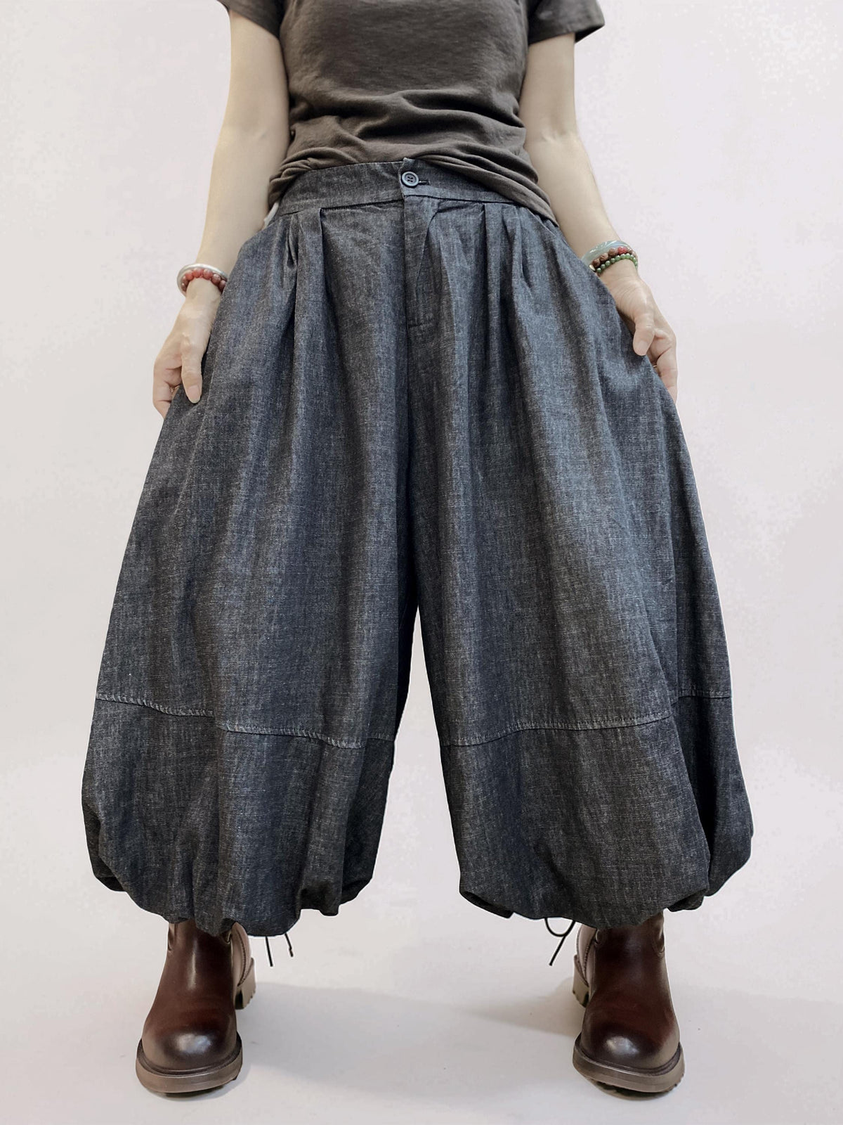 Double-Layer Denim Balloon Pants, High-Waist Wide Leg, Pleated Avant Garde (Washed Charcoal)