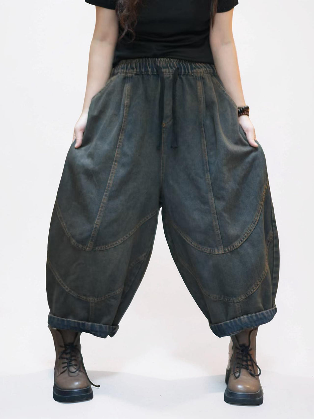 Lightweight Denim Harem Pants, Patchwork Balloon Trousers, Drop Crotch Fit