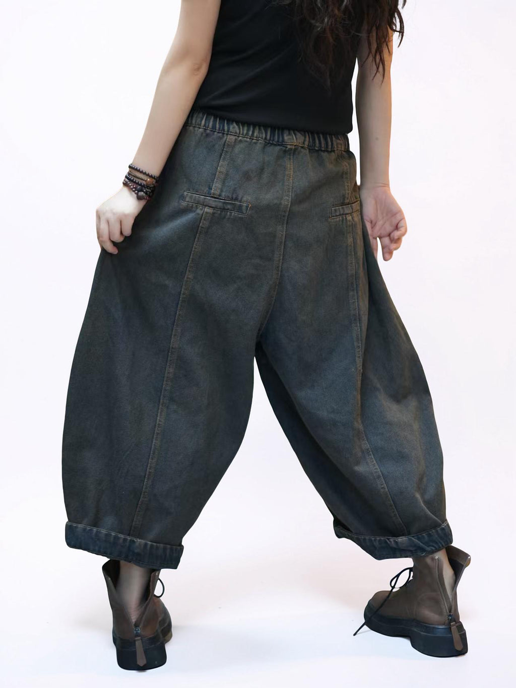 Lightweight Denim Harem Pants, Patchwork Balloon Trousers, Drop Crotch Fit