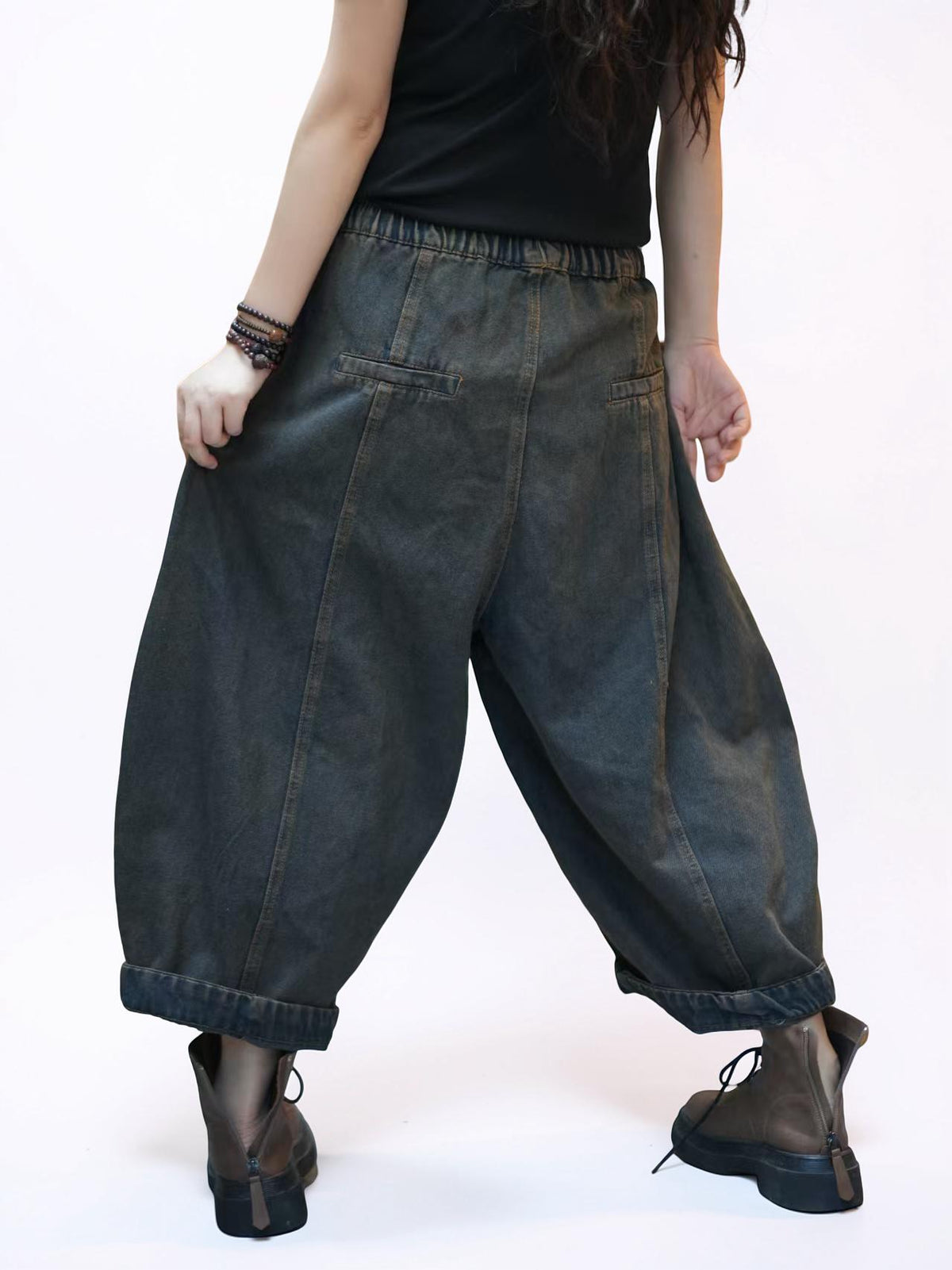 Lightweight Denim Harem Pants, Patchwork Balloon Trousers, Drop Crotch Fit