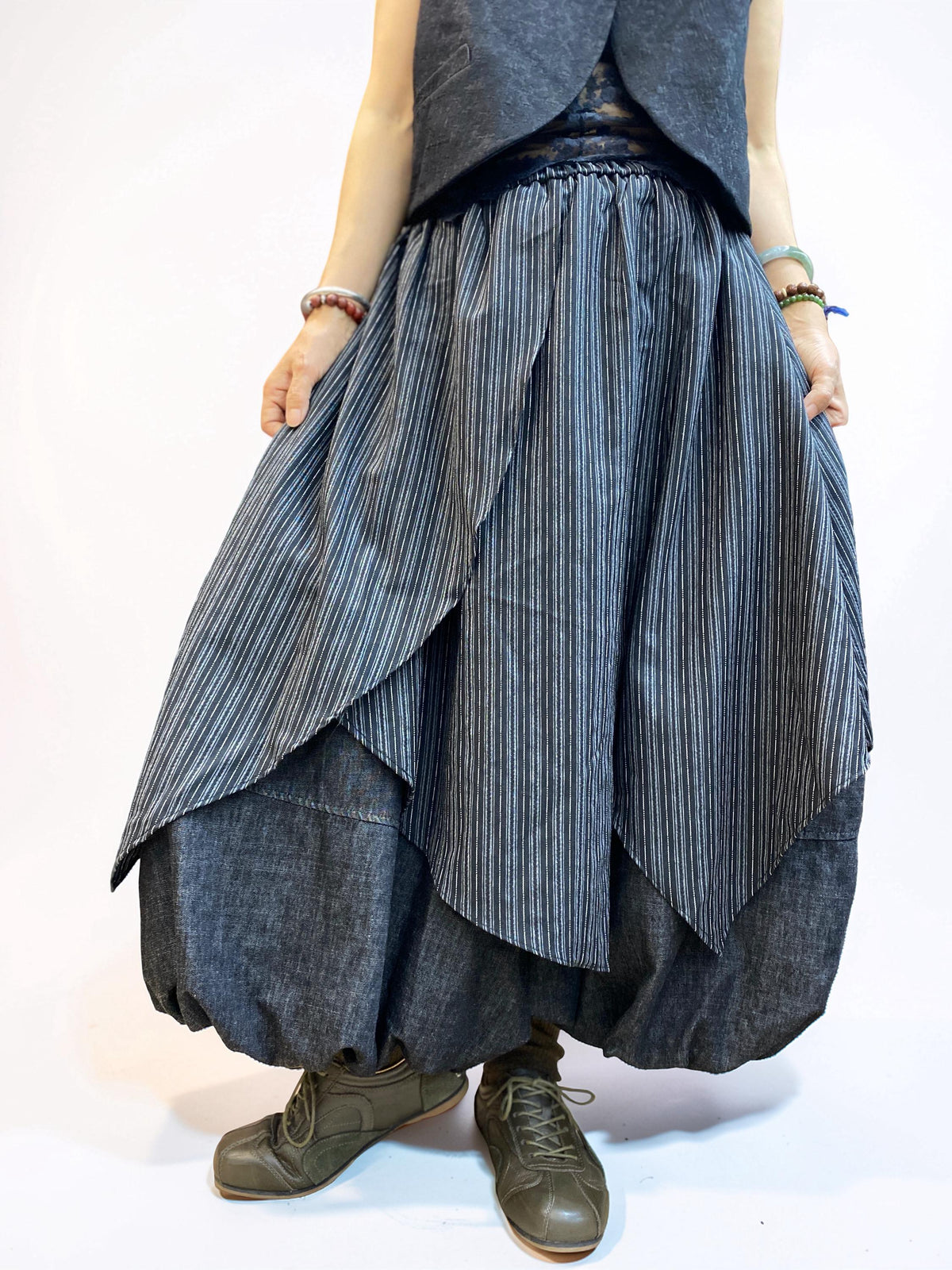 Striped Asymmetrical Overlay Skirt, Boho Layering Piece, Irregular Draped Overskirt