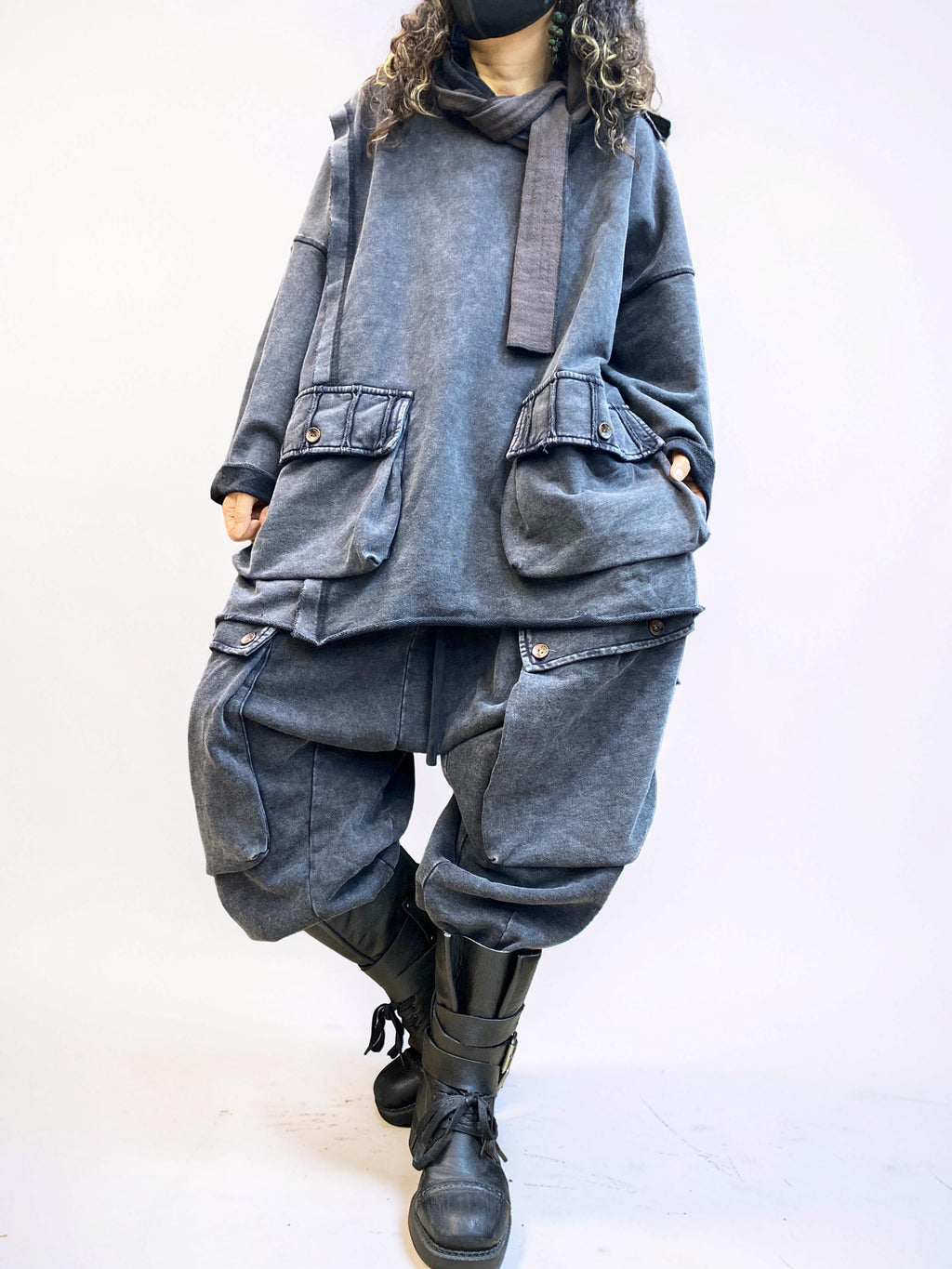 Vintage Washed Cotton Two Piece Set, Oversized Utility Top and Baggy Harem Pants, Avant Garde Streetwear