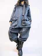 Vintage Washed Cotton Two Piece Set, Oversized Utility Top and Baggy Harem Pants, Avant Garde Streetwear
