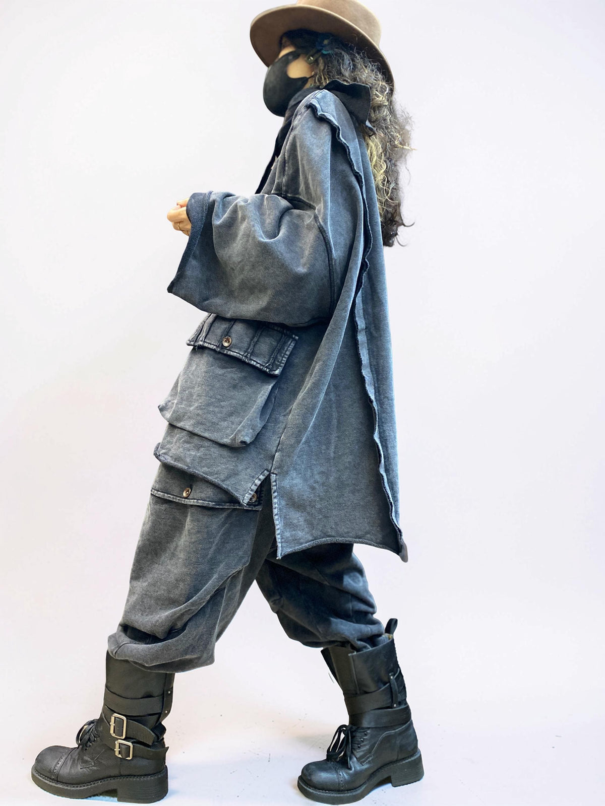 Vintage Washed Cotton Two Piece Set, Oversized Utility Top and Baggy Harem Pants, Avant Garde Streetwear