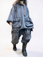 Vintage Washed Cotton Two Piece Set, Oversized Utility Top and Baggy Harem Pants, Avant Garde Streetwear