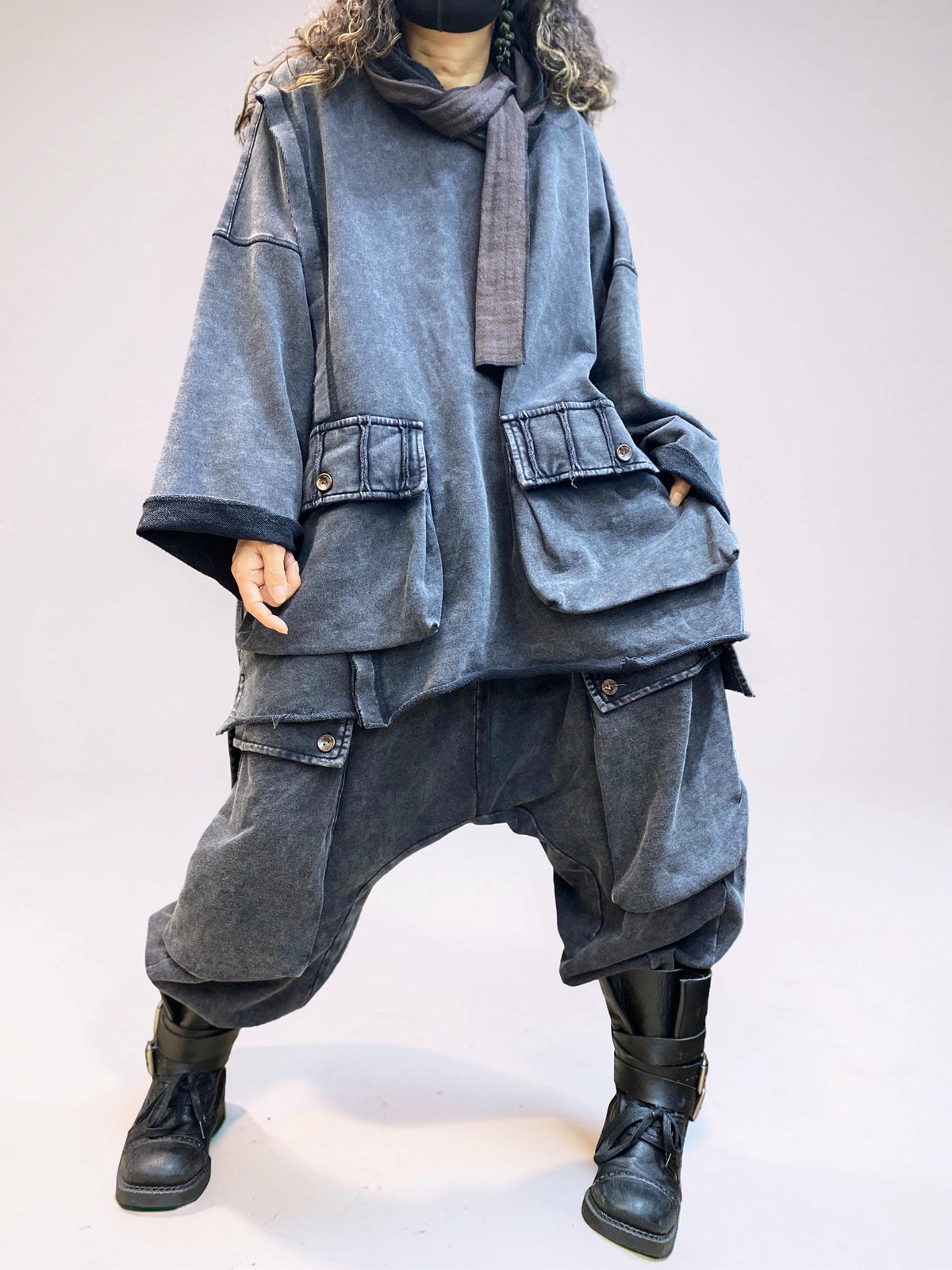 Vintage Washed Cotton Two Piece Set, Oversized Utility Top and Baggy Harem Pants, Avant Garde Streetwear
