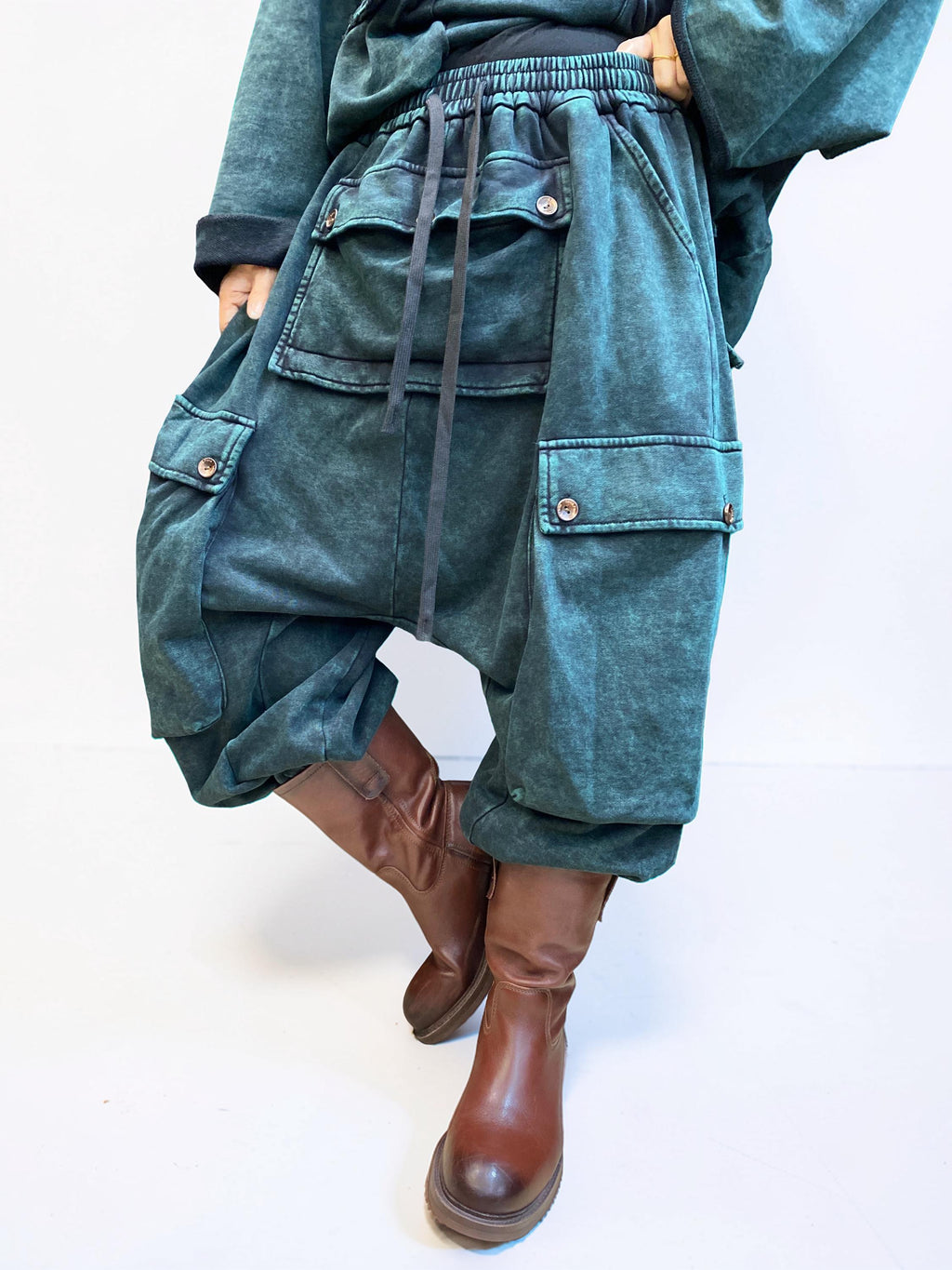 Vintage Washed Cotton Two Piece Set, Oversized Utility Top and Baggy Harem Pants, Avant Garde Streetwear