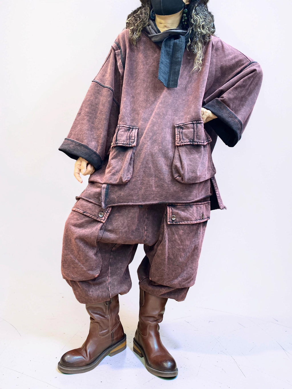 Vintage Washed Cotton Two Piece Set, Oversized Utility Top and Baggy Harem Pants, Avant Garde Streetwear
