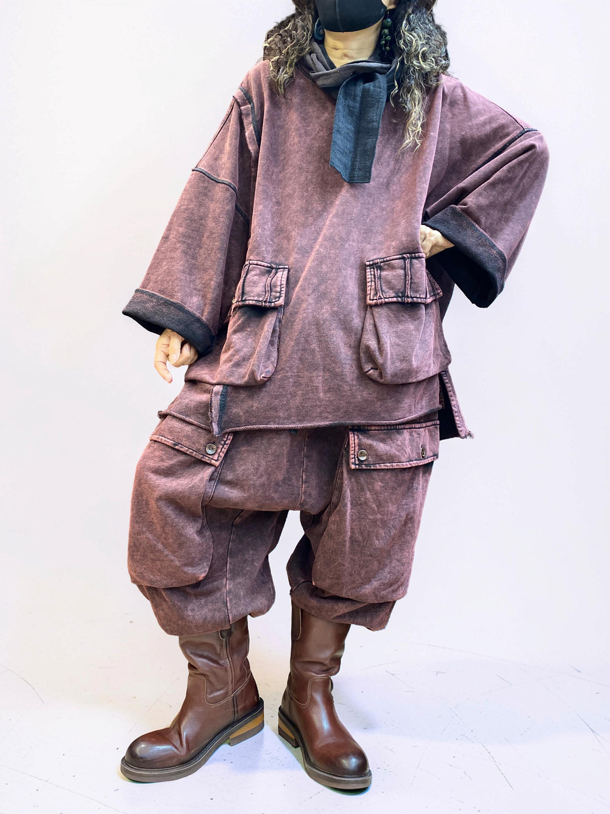 Vintage Washed Cotton Two Piece Set, Oversized Utility Top and Baggy Harem Pants, Avant Garde Streetwear