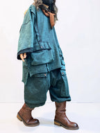 Vintage Washed Cotton Two Piece Set, Oversized Utility Top and Baggy Harem Pants, Avant Garde Streetwear